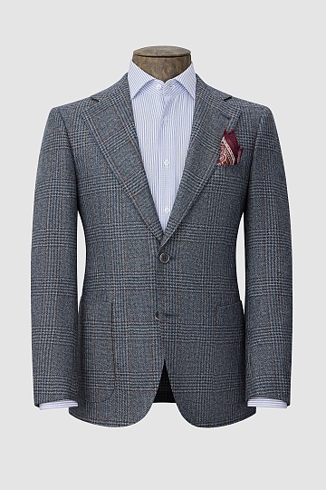 Серый пиджак из шерсти в коричнево-синюю клетку