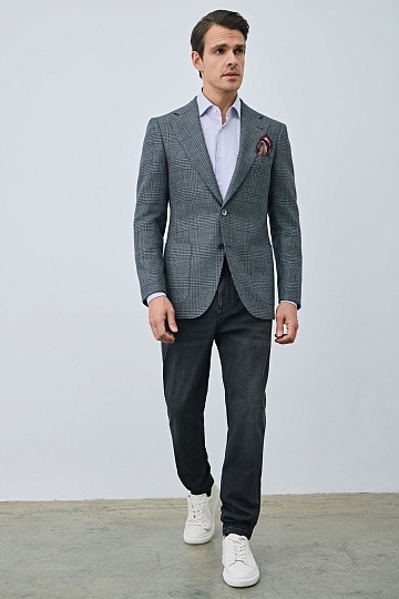 Серый пиджак из шерсти в коричнево-синюю клетку