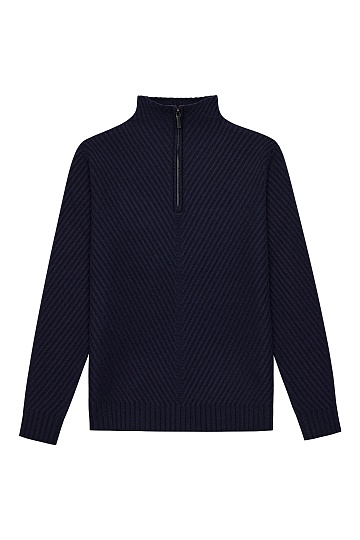 Синий свитер с воротником стойкой на молнии