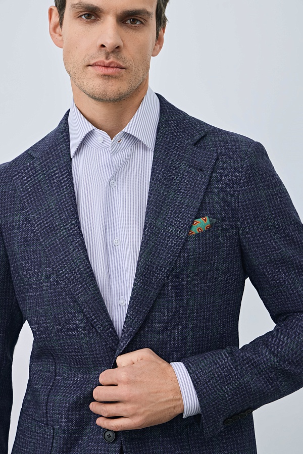 Пиджак из шерсти в мелкую серо-синюю клетку