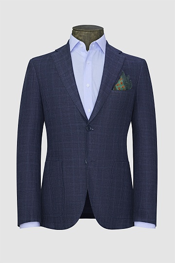 Льняной пиджак синего цвета в крупную клетку