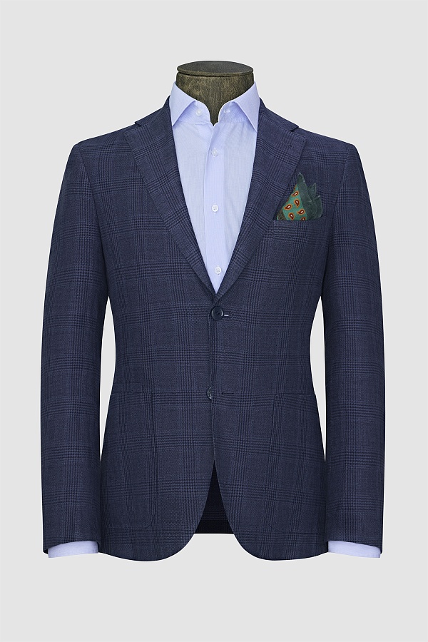 Льняной пиджак синего цвета в крупную клетку