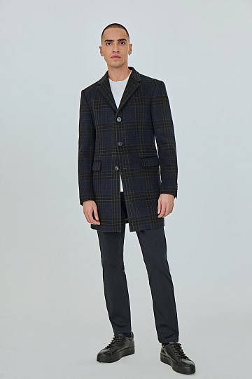 Синее укороченное пальто в клетку