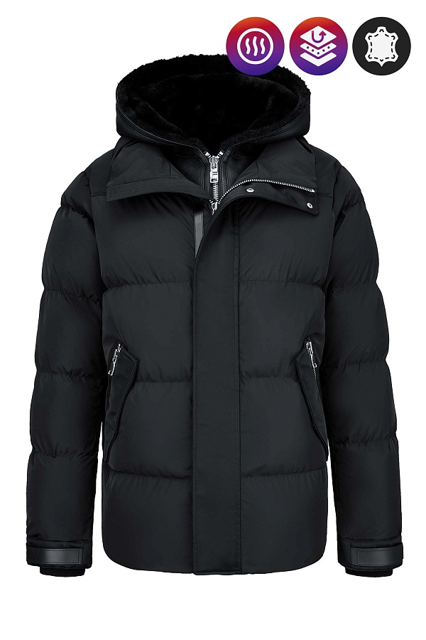 Черная пуховая куртка ADRIAN с капюшоном из натуральной овчины