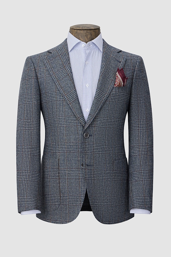 Серый пиджак из шерсти в коричнево-синюю клетку
