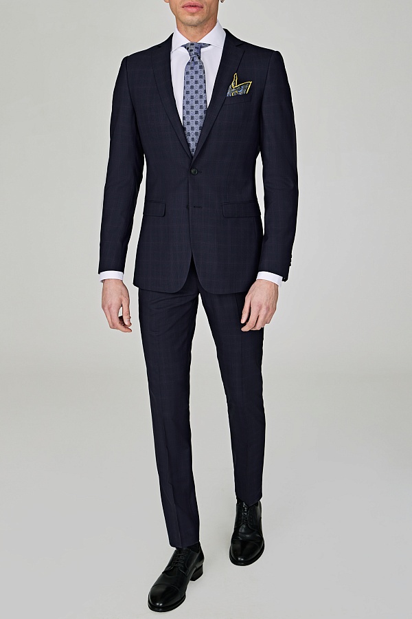 Синий шерстяной костюм в клетку