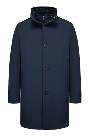 Темно-синяя пуховая куртка с воротником-стойкой