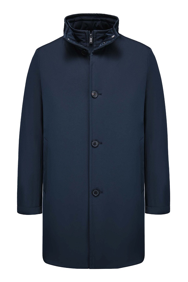 Темно-синяя пуховая куртка с воротником-стойкой