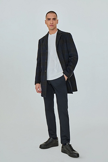 Синее укороченное пальто в клетку