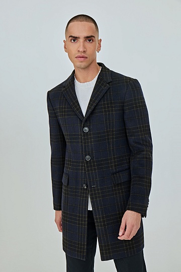 Синее укороченное пальто в клетку