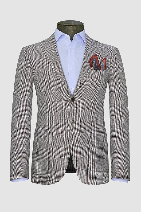 Льняной пиджак серого цвета в крупную клетку