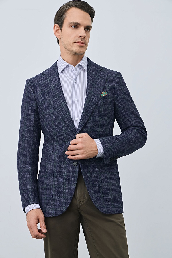 Пиджак из шерсти в мелкую серо-синюю клетку