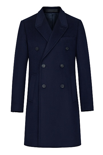 Двубортное темно-синее пальто